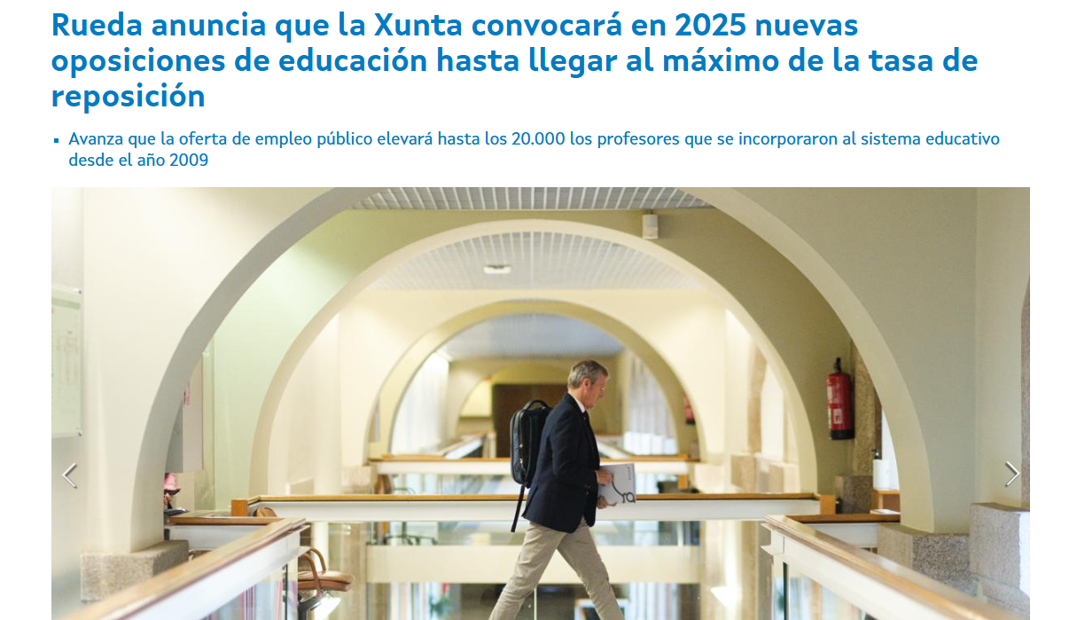 Rueda anuncia que la Xunta convocará en 2025 nuevas oposiciones de educación.